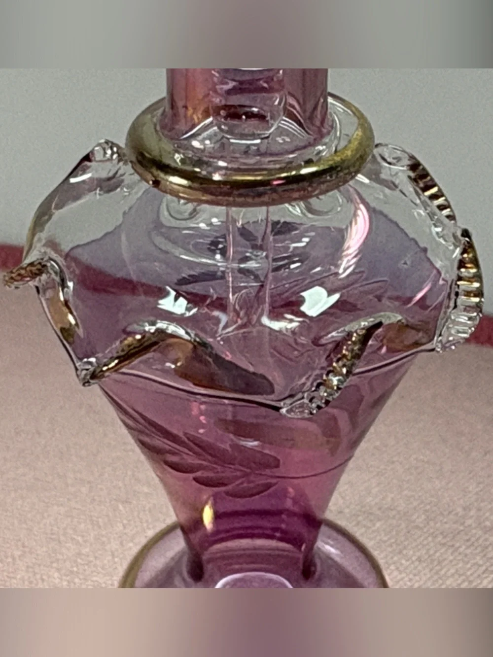 Elegant Egyptian Handblown Lavender Glass Bottle with Gold Trim